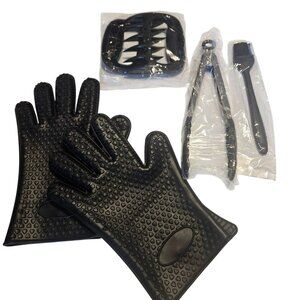 4-Piece Heat-Resistant Silicone BBQ Grilling Gloves + Tools Set Black Non-Slip
